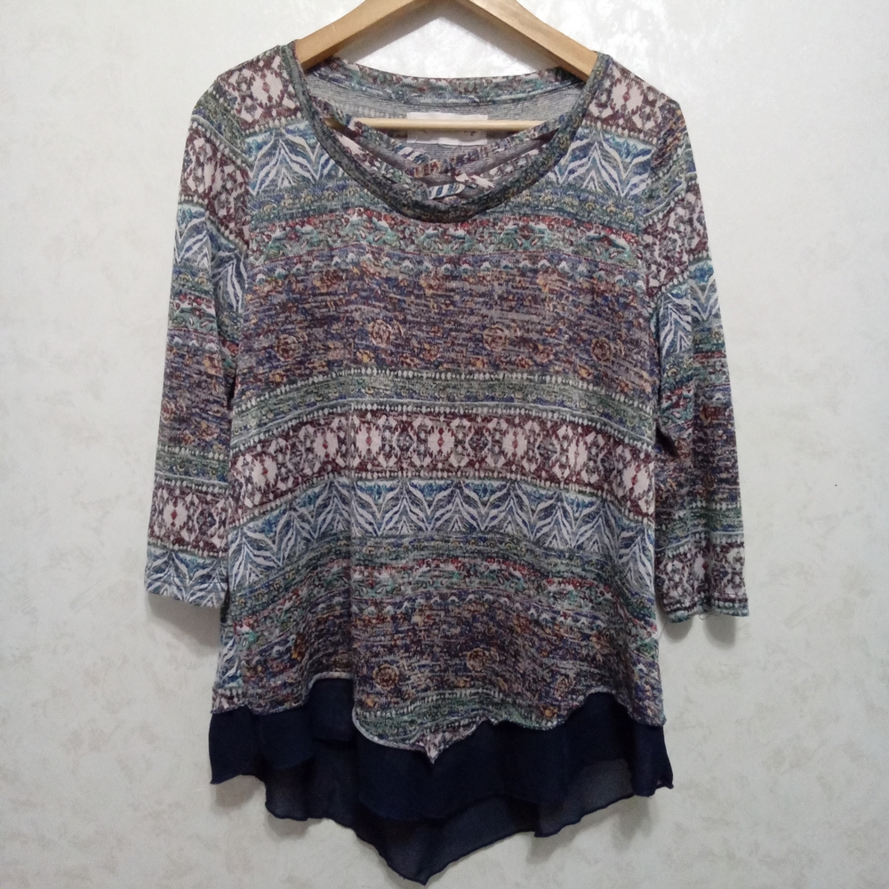 French Laundry Multicolor Boho Lattice Neck Layered Tunic, Size Large